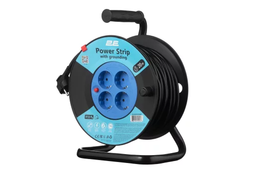 Подовжувач мережевий 2E 4хТип F, 3х1.5мм кв, 16A, на котушці, 20м, чорно-синій