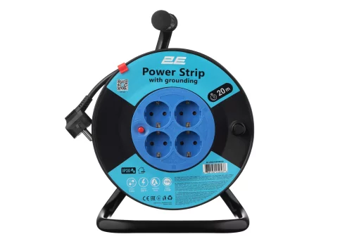 Подовжувач мережевий 2E 4хТип F, 3х1.5мм кв, 16A, на котушці, 20м, чорно-синій