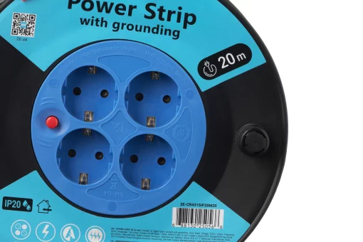 Подовжувач мережевий 2E 4хТип F, 3х1.5мм кв, 16A, на котушці, 20м, чорно-синій