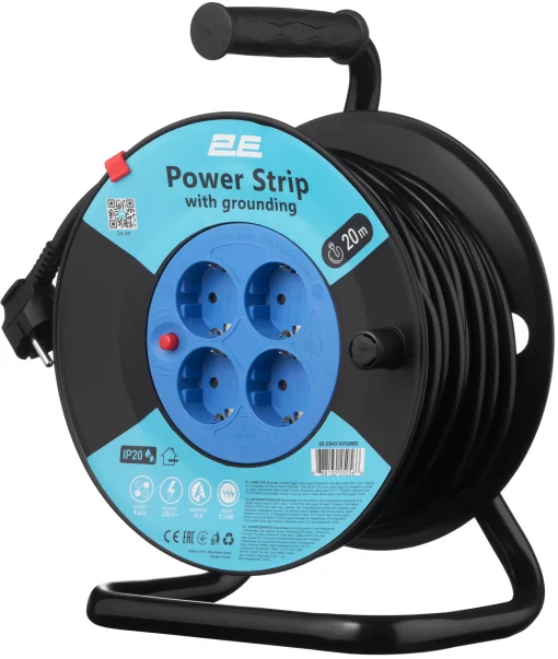 Подовжувач мережевий 2E 4хТип F, 3х1.5мм кв, 16A, на котушці, 20м, чорно-синій