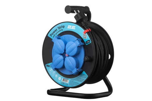 Подовжувач мережевий 2E 4хТип F, 3х1.5мм кв, 16A, на котушці, 20м, чорно-синій