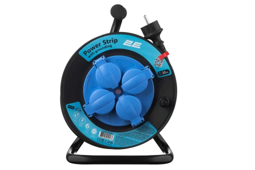 Подовжувач мережевий 2E 4хТип F, 3х1.5мм кв, 16A, на котушці, 20м, чорно-синій