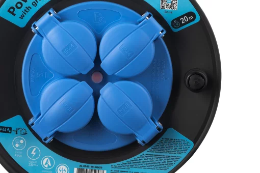 Подовжувач мережевий 2E 4хТип F, 3х1.5мм кв, 16A, на котушці, 20м, чорно-синій