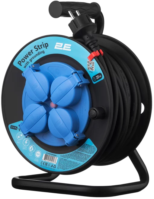 Подовжувач мережевий 2E 4хТип F, 3х1.5мм кв, 16A, на котушці, 20м, чорно-синій