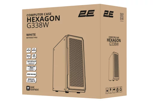 Корпус 2E GAMING Hexagon G338W без БЖ 2xUSB3.0, 1xUSBType-C, 3x120мм ARGB, 1x120мм, VGA 330мм, LCS ready, HUB, TG Side Panel, ATX, білий