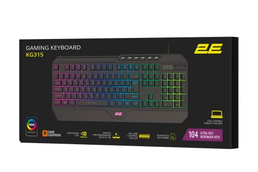 Клавіатура мембранна 2E GAMING KG315 110key, USB-A, EN/UA, RGB, чорний