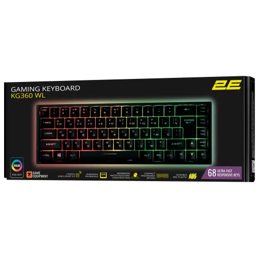 Клавіатура мембранна 2E GAMING KG360 68key, USB-A/WL, EN/UA/RU, RGB, чорний