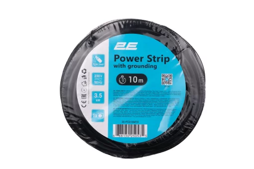 Подовжувач мережевий 2E 1хТип F, 3х1.5мм кв, 16A, 10м, чорний