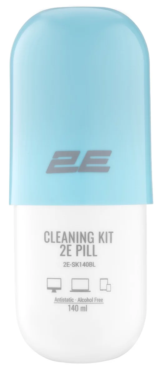 Очисний набір 2E PILL для оргтехніки (рідина 140мл + серветка 20см), біло-блакитний
