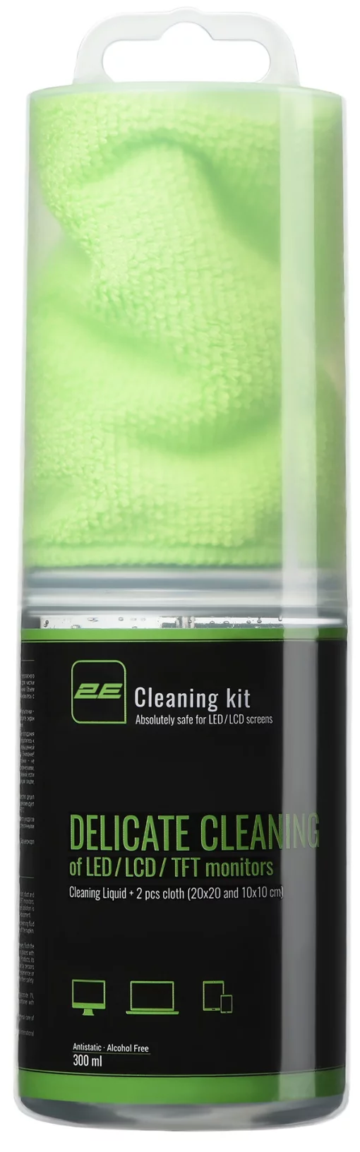Очисний набір 2E для оргтехніки (рідина 300мл + серветки: 1шт-20x20см, 1шт-10x10см), зелений