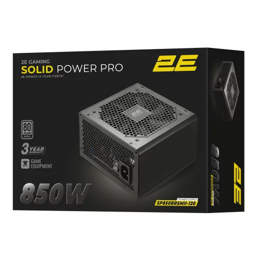 Блок живлення 2E GAMING Solid Power Pro ATX3.1 GEN5.0  (850W), >85%, 80+ Bronze, 120мм, 1xMB 24pin(20+4), 2xCPU 8pin(4+4), 3xMolex, 6xSATA, 4xPCIe 8pin(6+2), 1xPCIe GEN5 16pin, Semi Modular