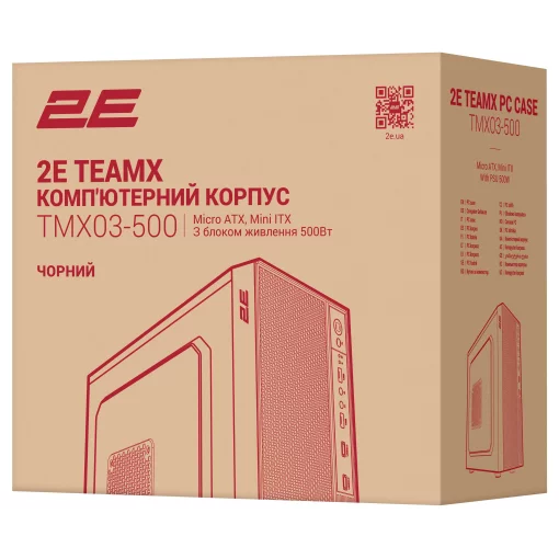 Корпус 2E TeamX TMX03 з БЖ 2E ATX500W, 2xUSB3.0, 1x80мм, VGA 220мм, mATX, чорний