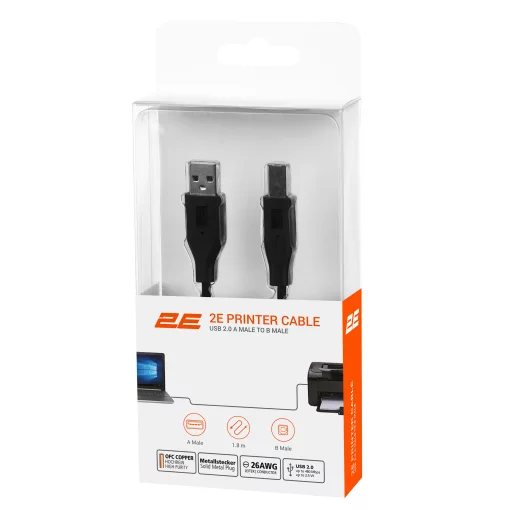 Кабель USB-A > USB-B (AM/BM) синхронізації 2E 1.8м, чорний