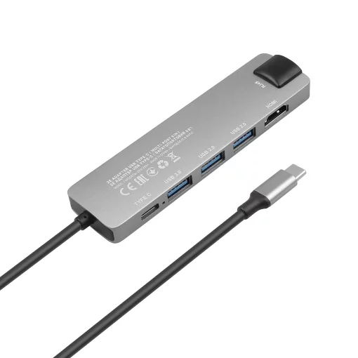Хаб 2E USB-С > 2хUSB-A 2.0/USB-A 3.0/USB-C PD/HDMI/Ethernet, 0.15м, сірий