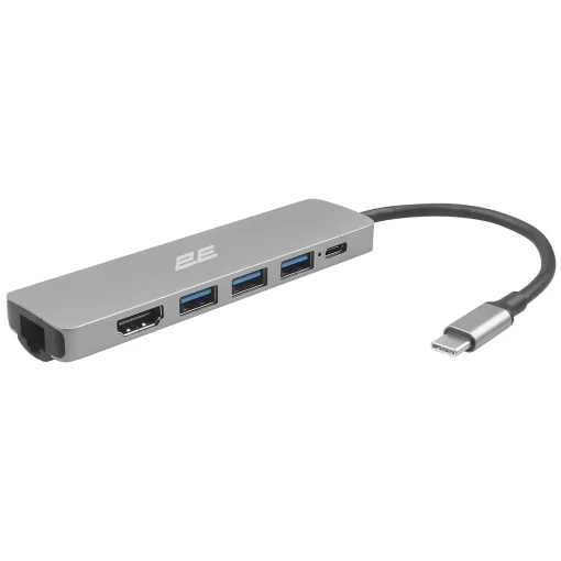 Хаб 2E USB-С > 2хUSB-A 2.0/USB-A 3.0/USB-C PD/HDMI/Ethernet, 0.15м, сірий