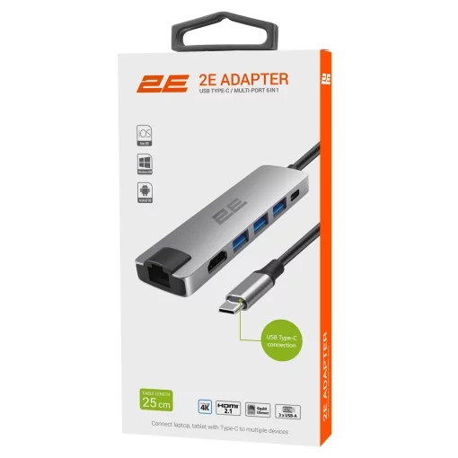 Хаб 2E USB-С > 2хUSB-A 2.0/USB-A 3.0/USB-C PD/HDMI/Ethernet, 0.15м, сірий