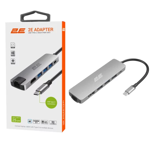 Хаб 2E USB-С > 2хUSB-A 2.0/USB-A 3.0/USB-C PD/HDMI/Ethernet, 0.15м, сірий