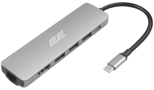 Хаб 2E USB-С > 2хUSB-A 2.0/USB-A 3.0/USB-C PD/HDMI/Ethernet, 0.15м, сірий