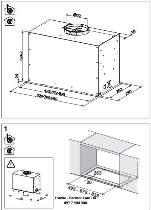 Витяжка Franke вбудовувана 70см, 1120м.куб/год, Box Flush Evo FBFE XS A70, нерж