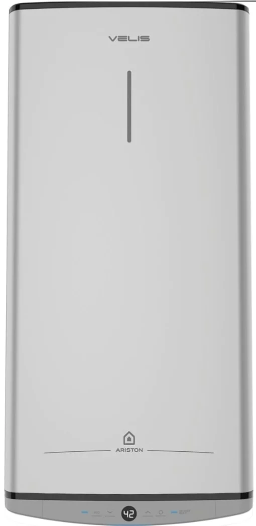 Водонагрівач електр. Ariston плаский слім VELIS TECH 80 EU, 80л, 2*1,5кВт, ун. монтаж, електр. кер-ння, B, Італія, Сірий