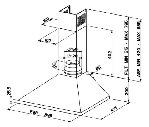 Витяжка Faber купольні, 90см, 718м.куб/год, Value Pb Bk A90, чорний