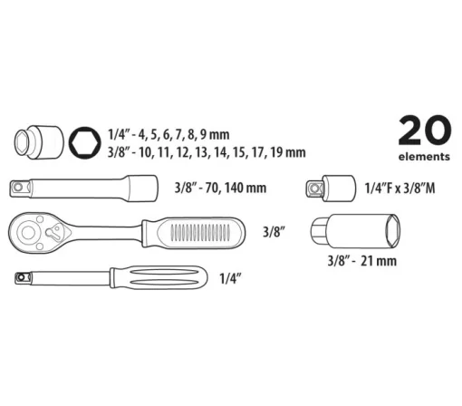 Набір інструментів Top Tools, набір торцевих головок 1/4", 3/8", 20шт