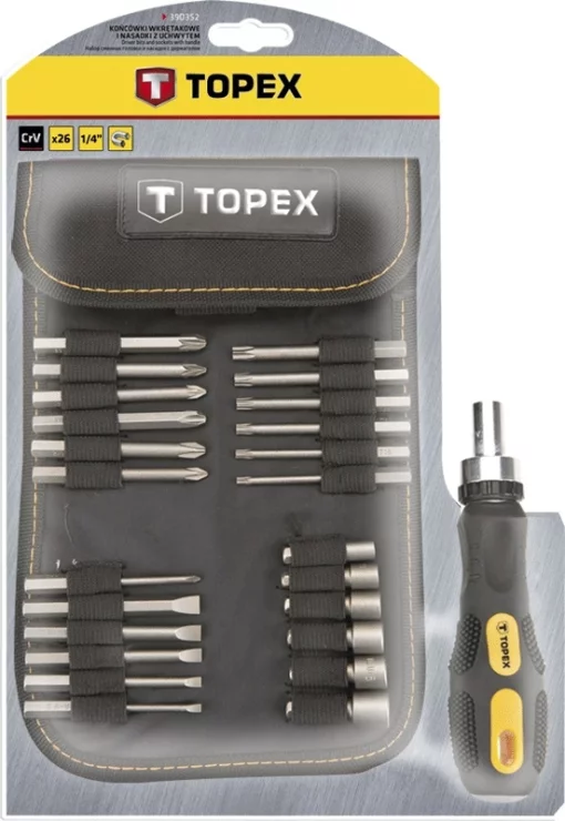 Біти TOPEX, 1/4", бітотримач, торцеві головки 6шт, SL,PH,PZ,T, CrV, набір 26шт