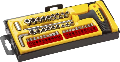 Біти TOPEX, Т-подібний бітотримач, перехідники 3шт, торцеві головки 18шт, SL,PH,PZ,H,T, кейс, набір 41шт