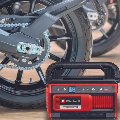 Компресор автомобільний гібридний Einhell PRESSITO 18/25 Hybrid, PXC, 230/18В, 11бар, 25л/хв, вис. і низьк. тиск, можливість всмоктування, шланг 710мм, 2.05кг, без АКБ та ЗП