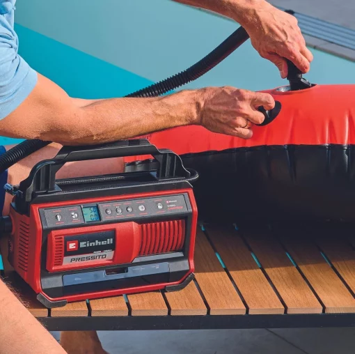Компресор автомобільний гібридний Einhell PRESSITO 18/25 Hybrid, PXC, 230/18В, 11бар, 25л/хв, вис. і низьк. тиск, можливість всмоктування, шланг 710мм, 2.05кг, без АКБ та ЗП