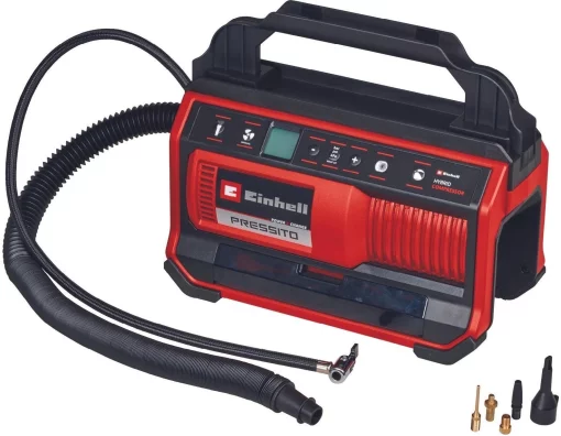 Компресор автомобільний гібридний Einhell PRESSITO 18/25 Hybrid, PXC, 230/18В, 11бар, 25л/хв, вис. і низьк. тиск, можливість всмоктування, шланг 710мм, 2.05кг, без АКБ та ЗП
