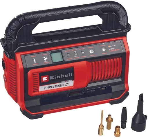 Компресор автомобільний гібридний Einhell PRESSITO 18/25 Hybrid, PXC, 230/18В, 11бар, 25л/хв, вис. і низьк. тиск, можливість всмоктування, шланг 710мм, 2.05кг, без АКБ та ЗП