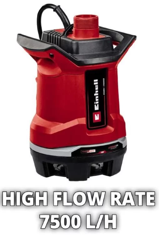 Насос дренажний EInhell GE-DP 18/25 Li - Solo, PXC, акумуляторний, 18В, 7500л/год, висота 5м, глибина 4м, 2.8кг без АКБ та ЗП