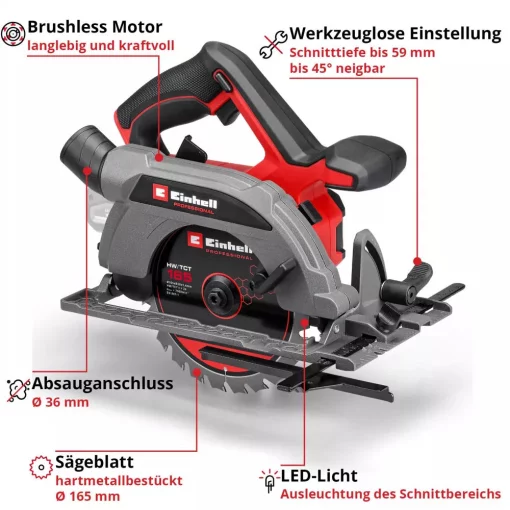 Пила дискова акумуляторна Einhell TP-CS 18/165 Li BL-Solo 18В 5000об/хв 165х20мм 2.95кг без АКБ та ЗП