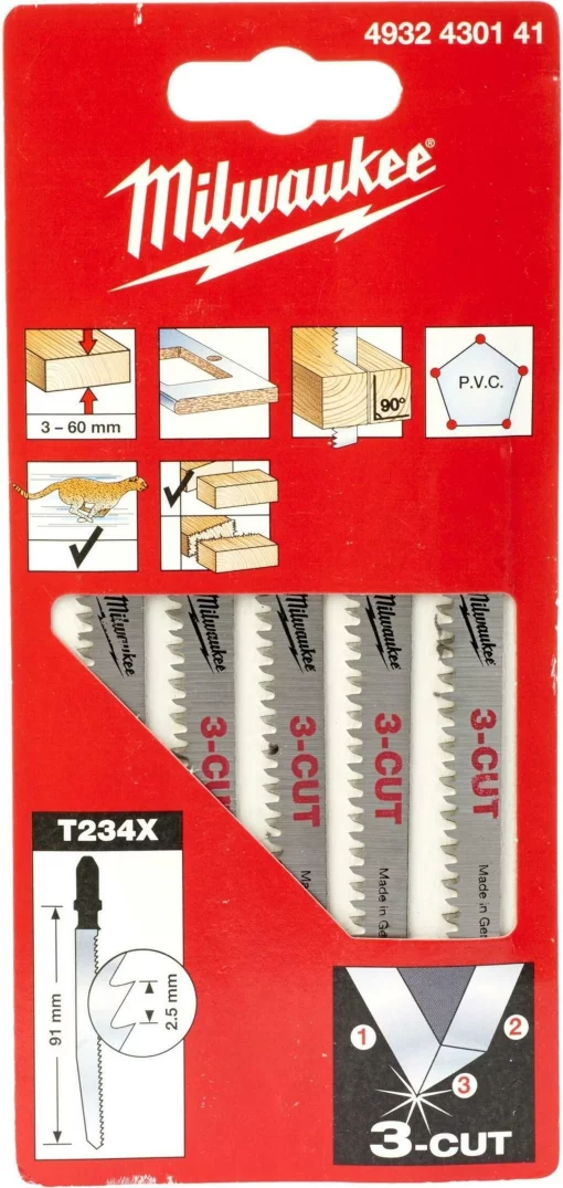 Полотно пиляльне для електролобзика Milwaukee T234X 3CUT по дереву, крок зуба 2.5ммх91мм, 5шт