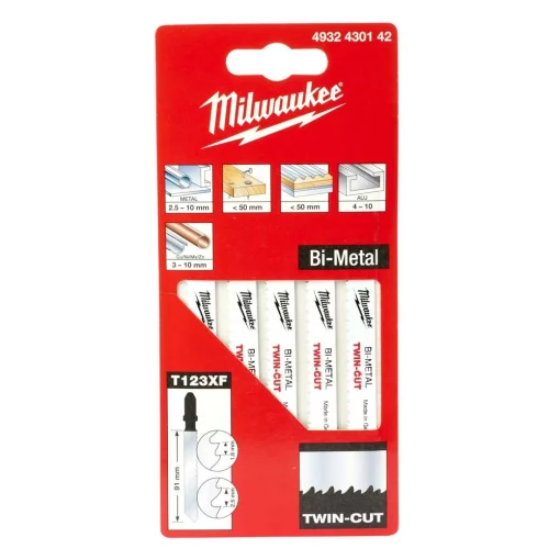 Полотно пиляльне для електролобзика Milwaukee T123XF Bi-Meta універсальне, крок зуба 2.5ммх91мм, 5шт
