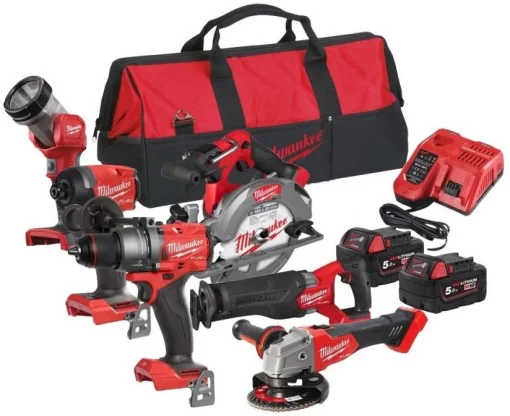 Набір із шести акумуляторних інструментів Milwaukee M18 FPP6G3-502B 18В шурупокрут-дриль M18 FPD3 гвинтоверт ударний M18 FID3 кутова шліфувальна машина M18 FSAG125X пила дискова M18 CCS55 пилка шабельна M18 FSZ ліхтар M18 TLED-0 акб М18 2х5А·год ЗП M12-18