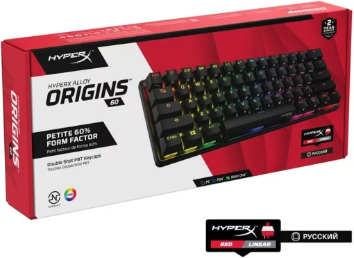 Клавіатура механічна HyperX Alloy Origins 60 61key, Red, USB-A, EN/RU, RGB, чорний