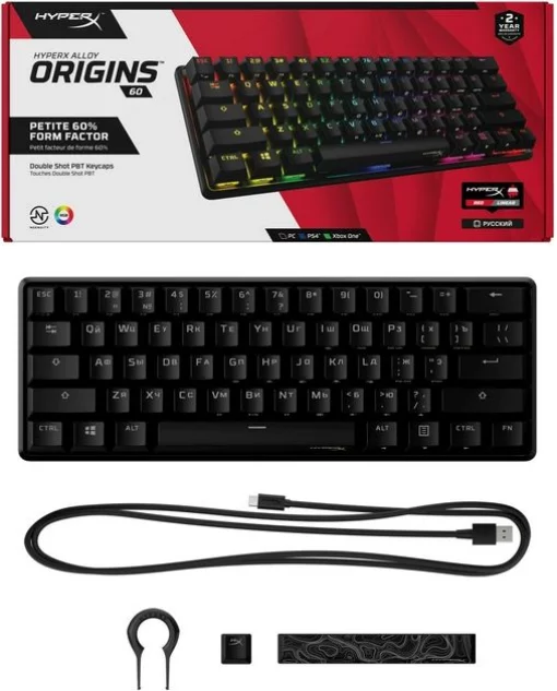 Клавіатура механічна HyperX Alloy Origins 60 61key, Red, USB-A, EN/RU, RGB, чорний