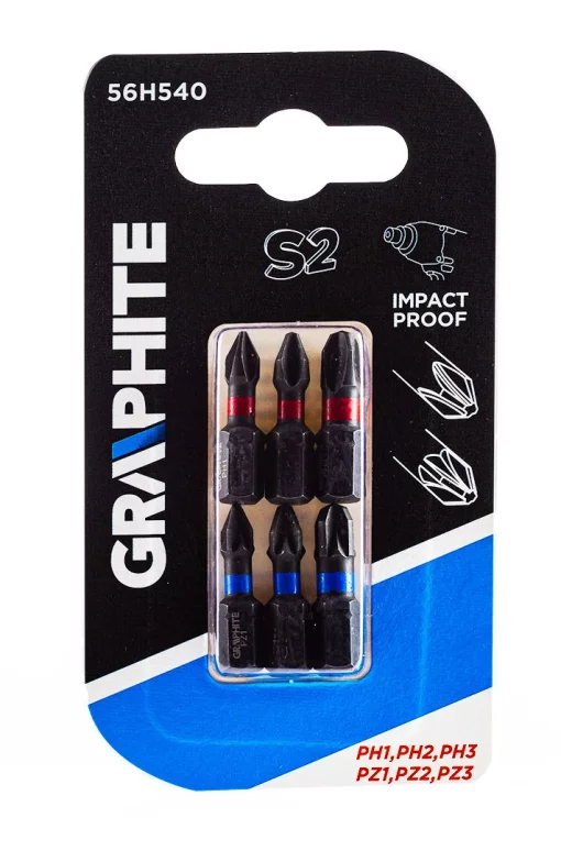 Біти GRAPHITE 1/4", ударні, PH,PZ, 25мм, сталь S2, набір 6шт