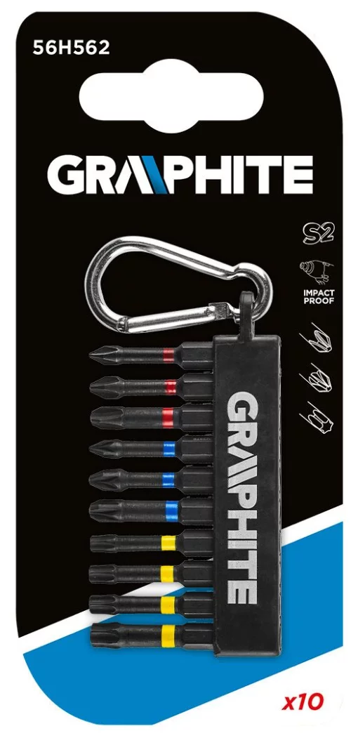 Біти GRAPHITE 1/4", ударні, PH,PZ,TX, 50мм, сталь S2, карабін набір 10шт