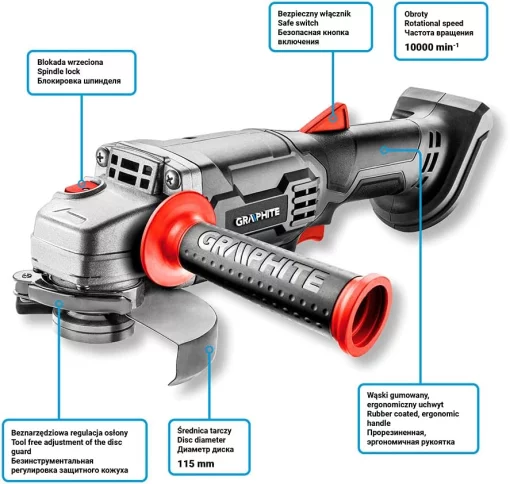 Шліфмашина кутова акумуляторна GRAPHITE Energy + 115мм 18В 10000об/хв 1.5кг без АКБ та ЗП