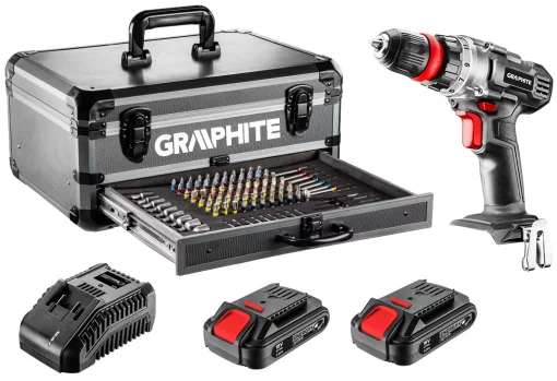 Шурупокрут-дриль акумуляторний GRAPHITE Energy+ 18В 2х2.0А·год 44Нм 0-1250об/хв набір 109шт приладдя кейс 7.35кг