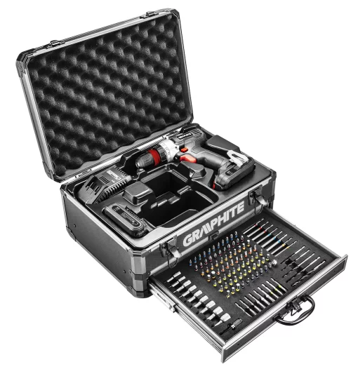 Шурупокрут-дриль акумуляторний GRAPHITE Energy+ 18В 2х2.0А·год 44Нм 0-1250об/хв набір 109шт приладдя кейс 7.35кг