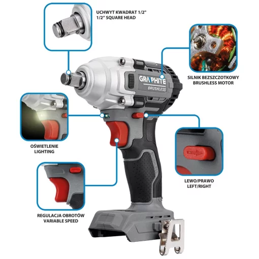 Гайковерт ударний GRAPHITE Energy+ 18В 330Нм 2600об/хв 1/2" 0.9кг без АКБ та ЗП