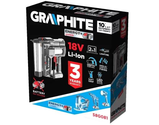 Степлер-цвяхозабивач акумуляторний GRAPHITE Energy+ 18В цвяхи до 50мм скоби до 40мм 2.64кг без АКБ та ЗП