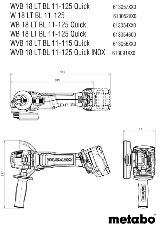 Шліфмашина кутова акумуляторна Metabo WVB 18 LT BL 11-125 Quick 125мм 18В 2х5.5А·год 2800-10000об/хв 1.8кг