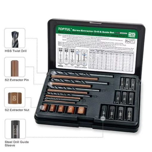 Набір екстракторів, свердел і напрямних для вилучення зламаних різьбових гвинтів 25 од. TOPTUL JGEW2501