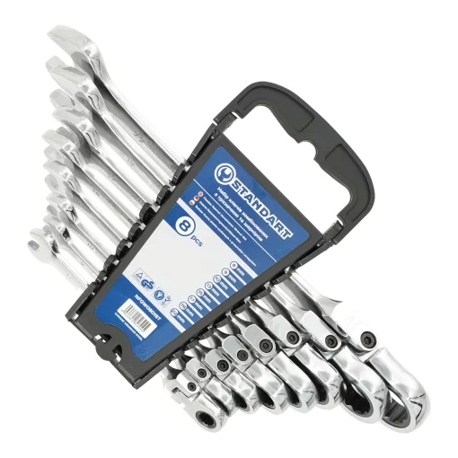 Набір ключів комбінованих із тріскачкою та шарніром 8-10,13, 15, 17, 19, 22 мм 8 од. на холдері СТАНДАРТ NFGW0801ST