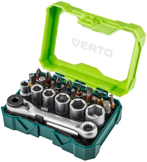 Біти Verto, 1/4", бітотримач, перехідник, ключ з тріскачкою, торцеві головки 6шт, SL,PH,PZ,H,T, кейс, набір 24шт